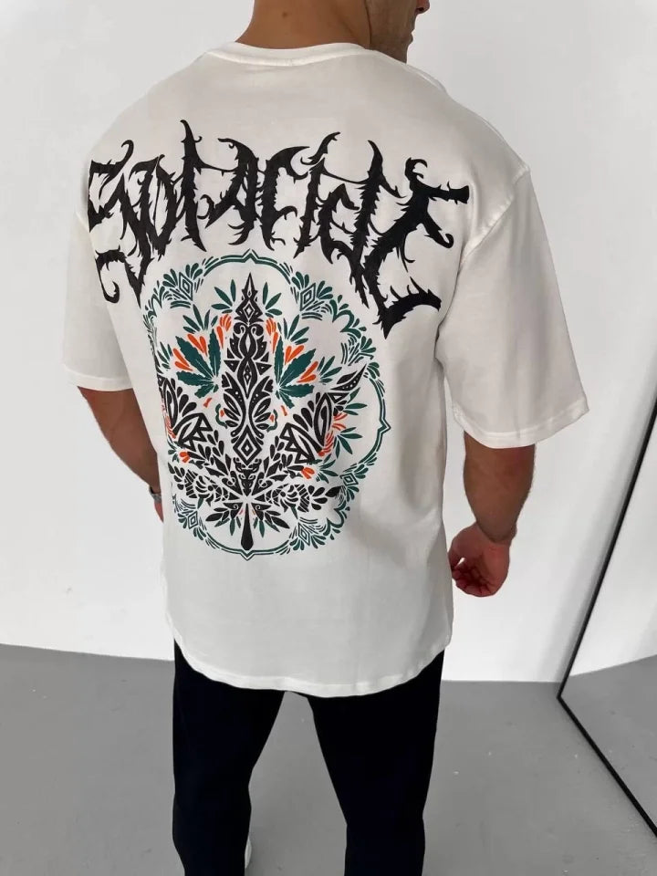 Unisex Crew Neck Printed Oversize T-Shirt - White