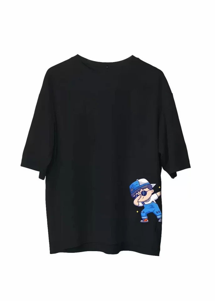 Unisex Crew Neck Printed Oversize T-Shirt - Black