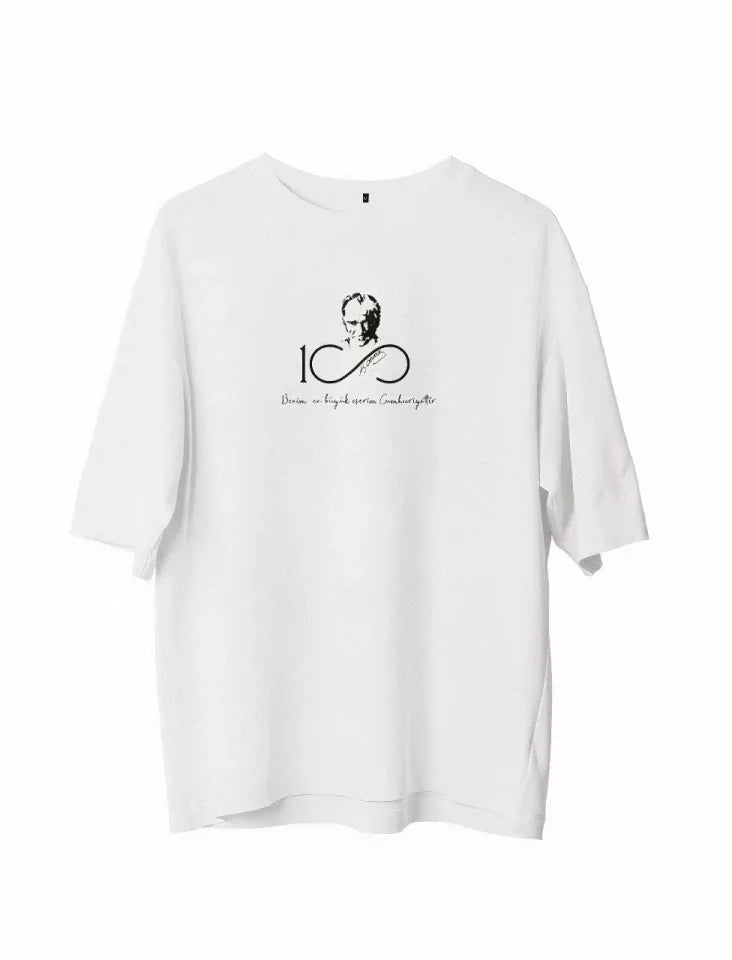 Unisex Crew Neck Printed Oversize T-Shirt - White