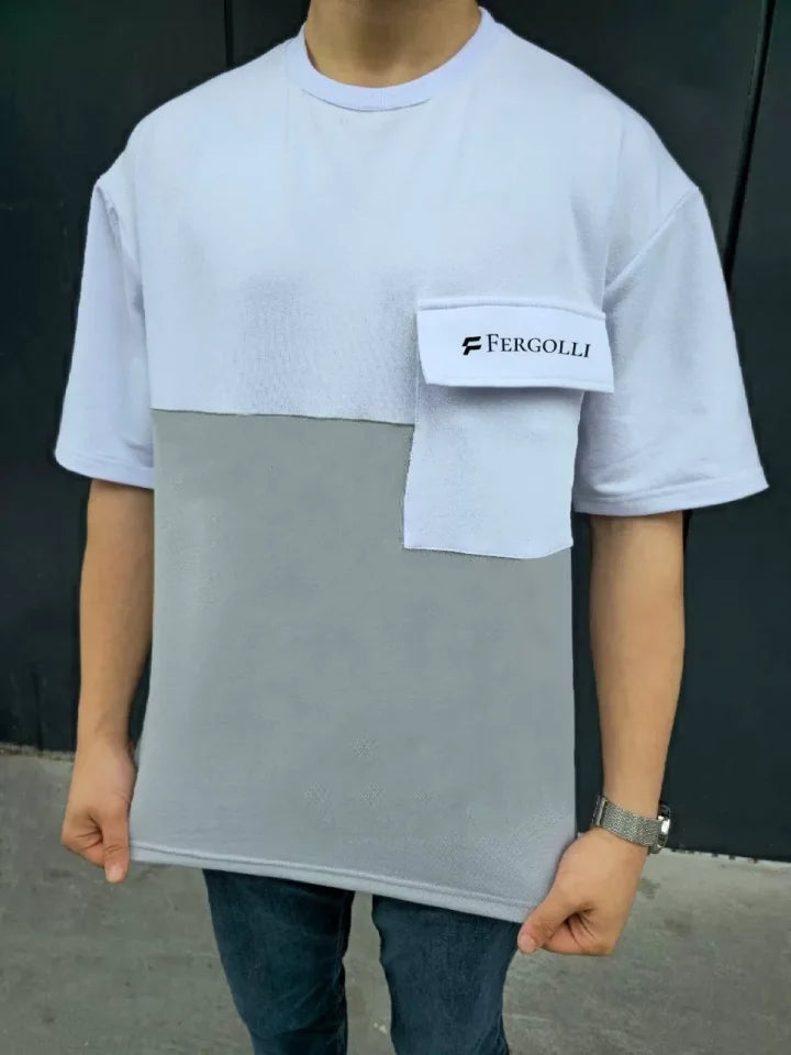 Unisex Patchwork T-Shirt with Tote Pocket Detail - Gray