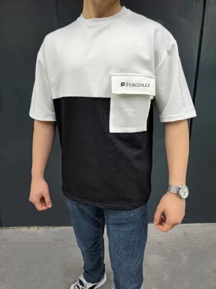 Unisex Patchwork T-Shirt with Tote Pocket Detail - Black