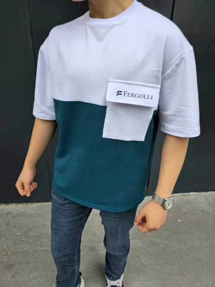 Unisex Patchwork T-Shirt with Tote Pocket Detail - Navy Blue
