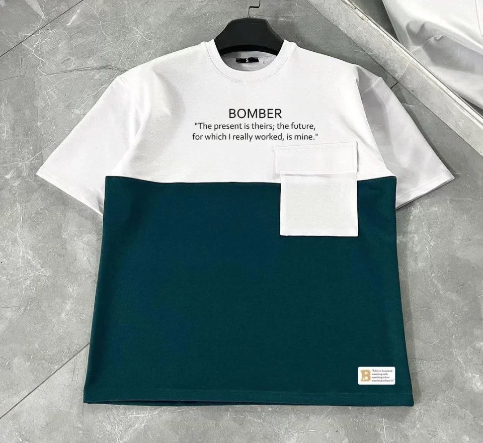 Unisex Patchwork T-Shirt with Tote Pocket Detail - Navy Blue
