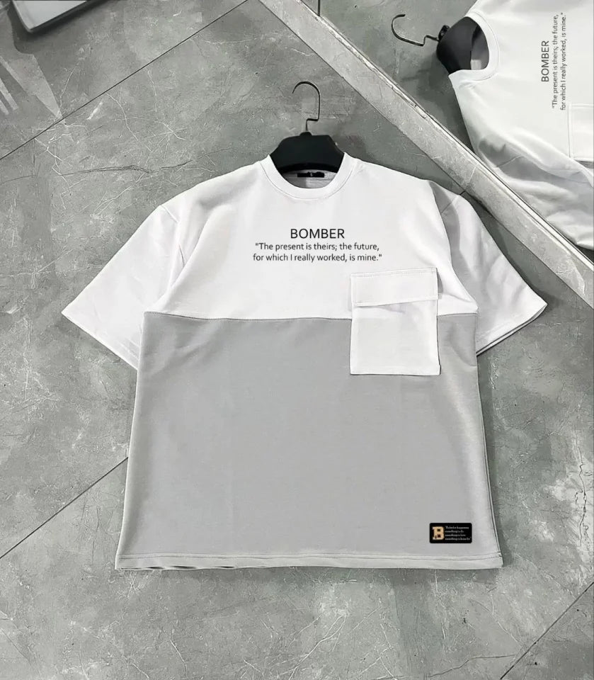Unisex Patchwork T-Shirt with Tote Pocket Detail - Gray