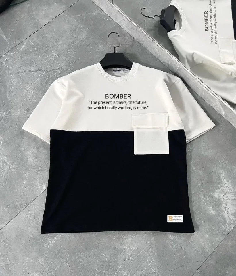 Unisex Patchwork T-Shirt with Tote Pocket Detail - Black