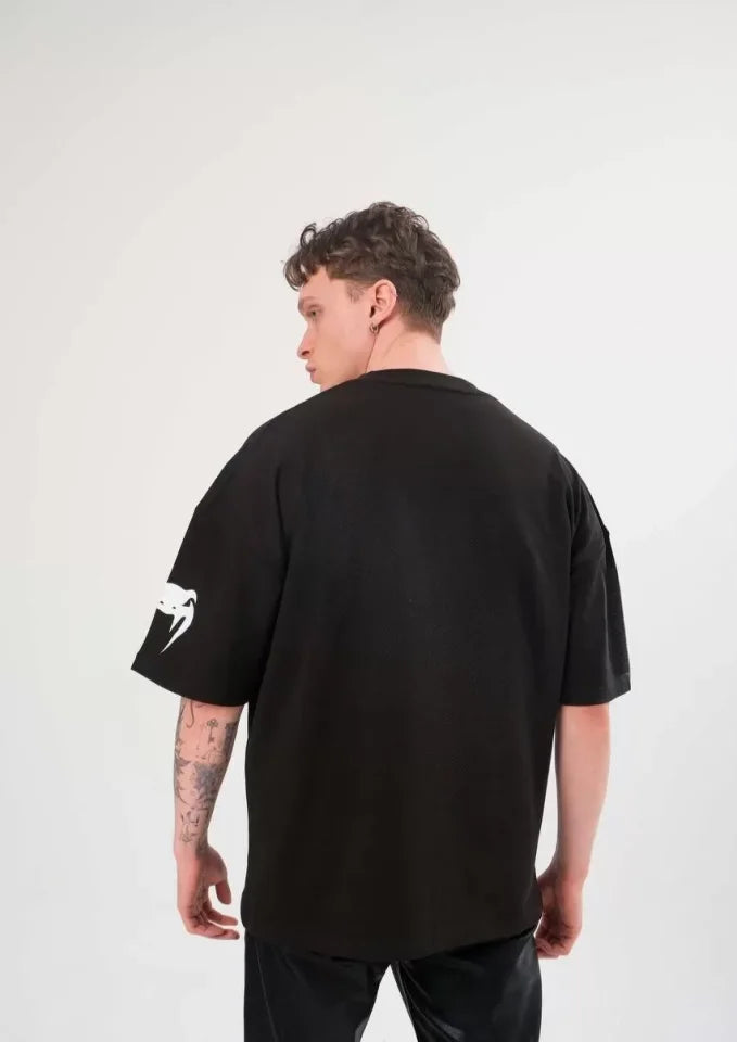 Unisex Crew Neck Printed Oversize T-Shirt - Black