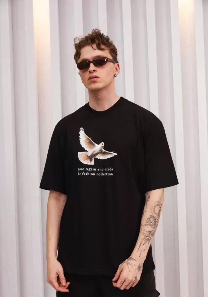 Unisex Crew Neck Printed Oversize T-Shirt - Black