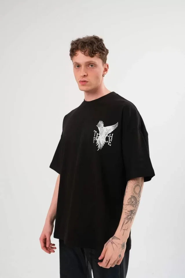Unisex Crew Neck Printed Oversize T-Shirt - Black