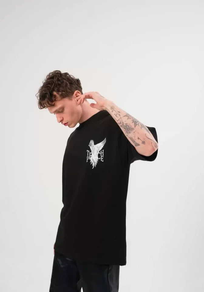 Unisex Crew Neck Printed Oversize T-Shirt - Black
