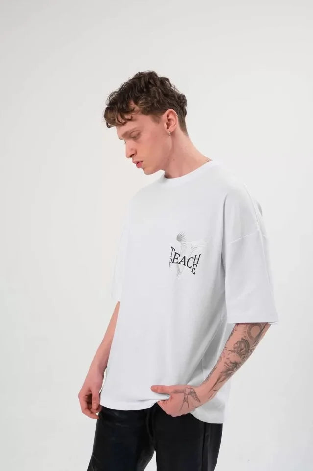 Unisex Crew Neck Printed Oversize T-Shirt - White