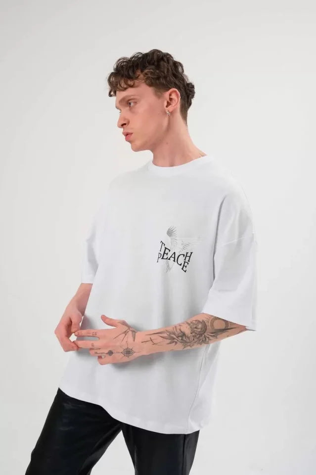 Unisex Crew Neck Printed Oversize T-Shirt - White