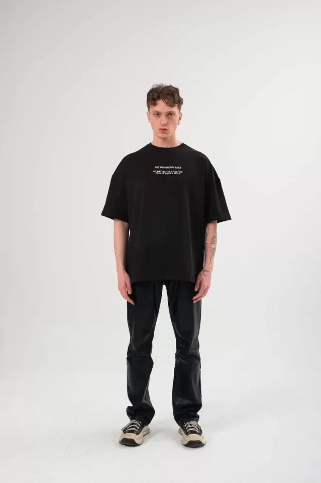 Unisex Crew Neck Printed Oversize T-Shirt - Black