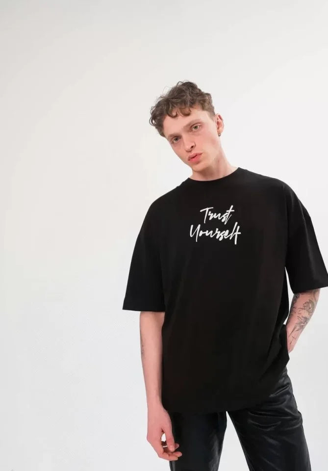 Unisex Crew Neck Printed Oversize T-Shirt - Black
