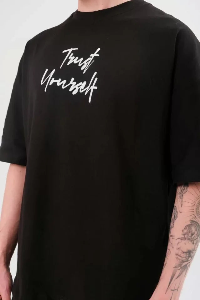 Unisex Crew Neck Printed Oversize T-Shirt - Black