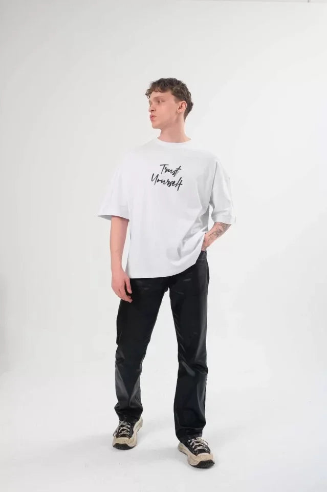 Unisex Crew Neck Printed Oversize T-Shirt - White