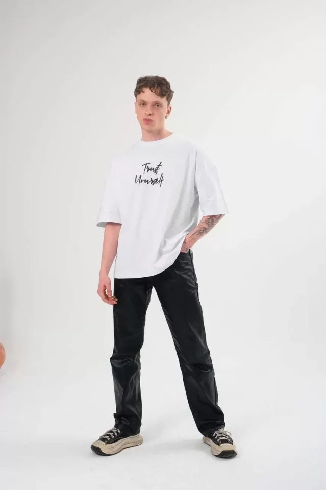Unisex Crew Neck Printed Oversize T-Shirt - White