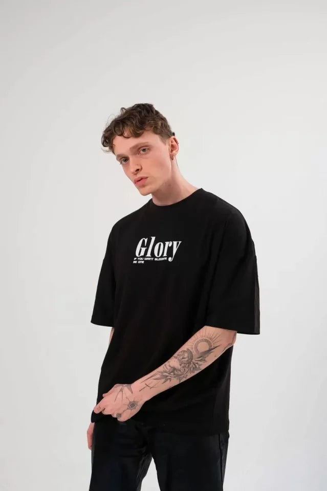 Unisex Crew Neck Printed Oversize T-Shirt - Black