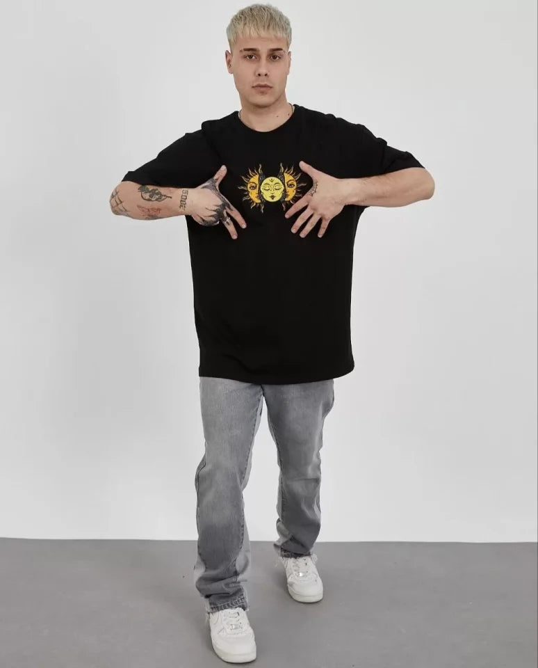 Unisex Crew Neck Printed Oversize T-Shirt - Black