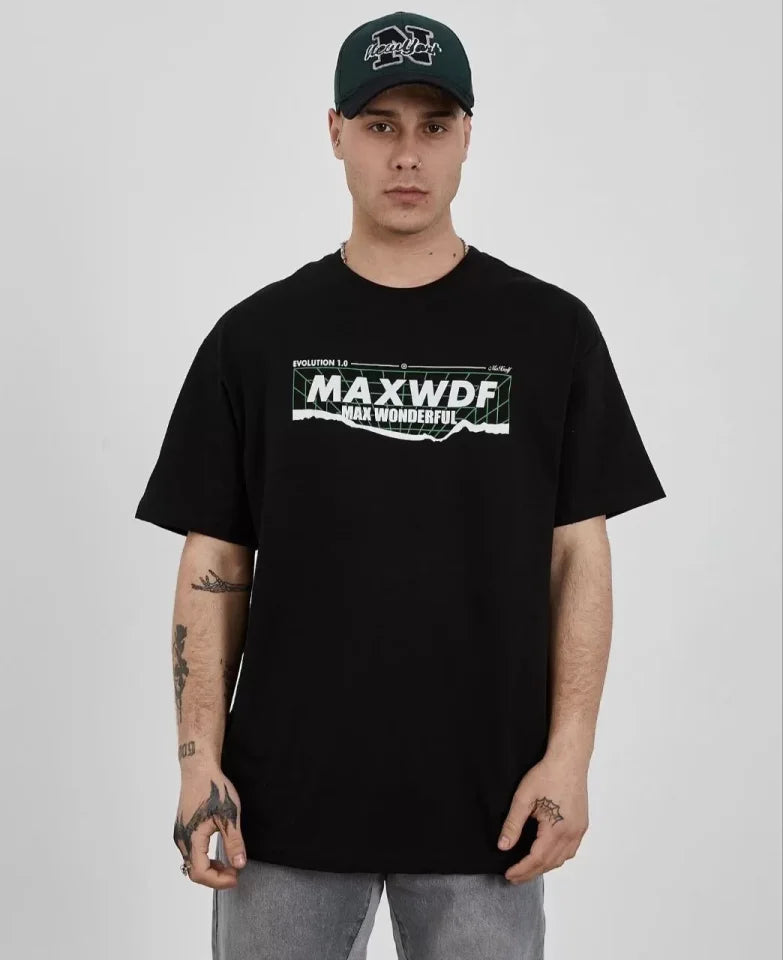 Unisex Crew Neck Printed Oversize T-Shirt - Black