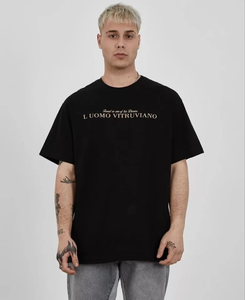Unisex Crew Neck Printed Oversize T-Shirt - Black