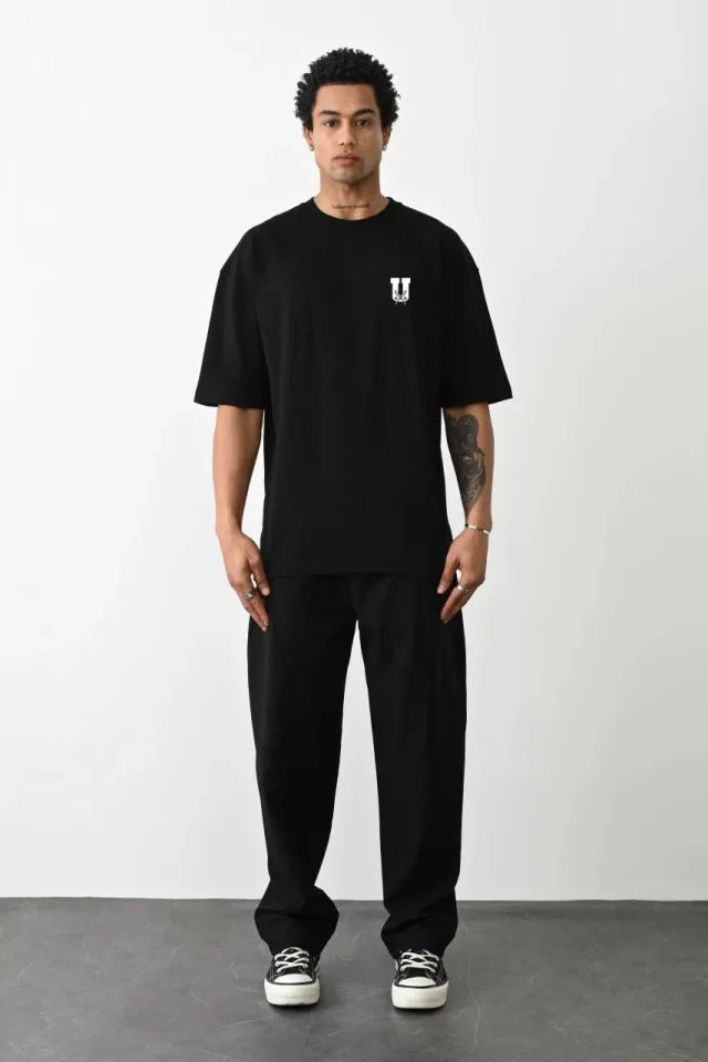 Unisex Crew Neck Printed Oversize T-Shirt - Black