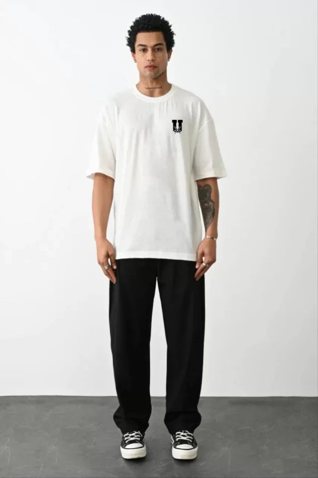 Unisex Crew Neck Printed Oversize T-Shirt - White