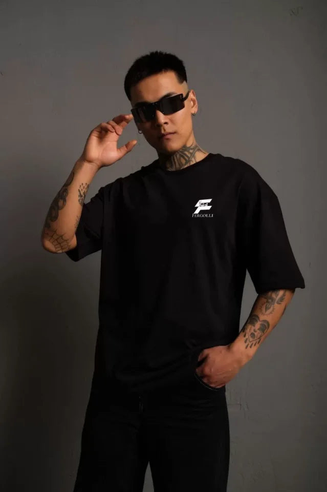 Unisex Crew Neck Printed Oversize T-Shirt - Black