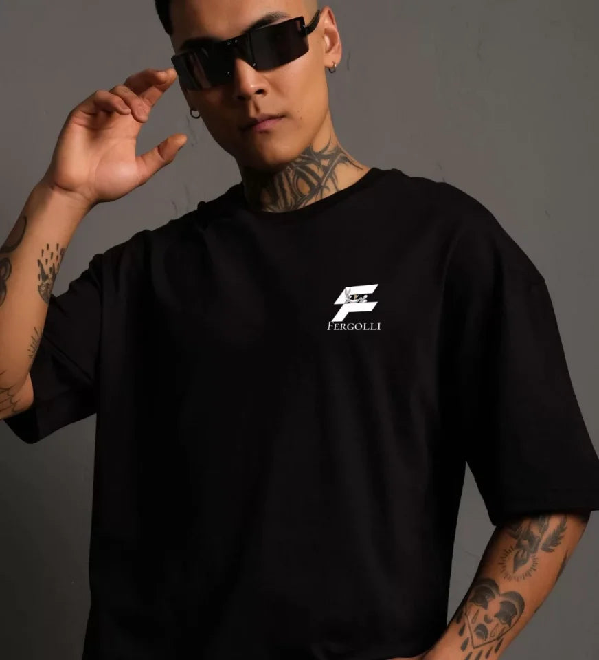 Unisex Crew Neck Printed Oversize T-Shirt - Black