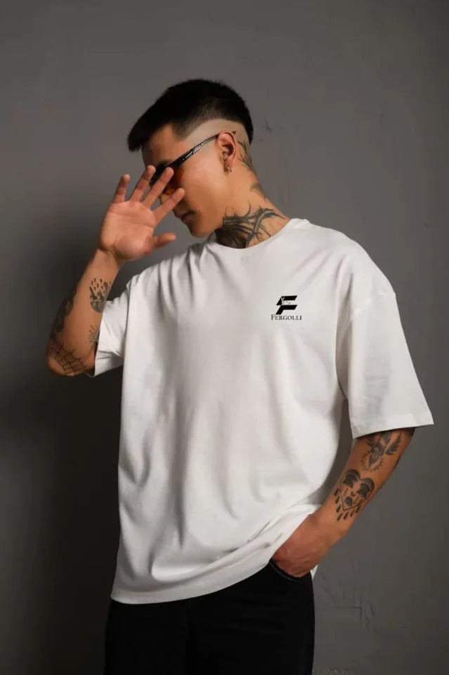 Unisex Crew Neck Printed Oversize T-Shirt - White