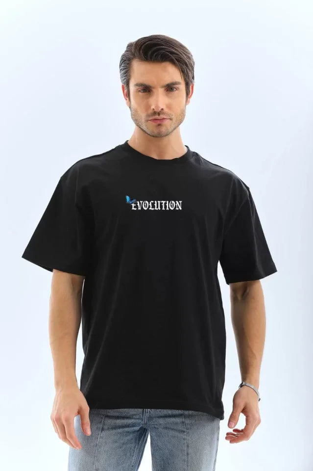 Unisex Crew Neck Printed Oversize T-Shirt - Black
