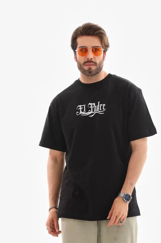 Unisex Crew Neck Printed Oversize T-Shirt - Black
