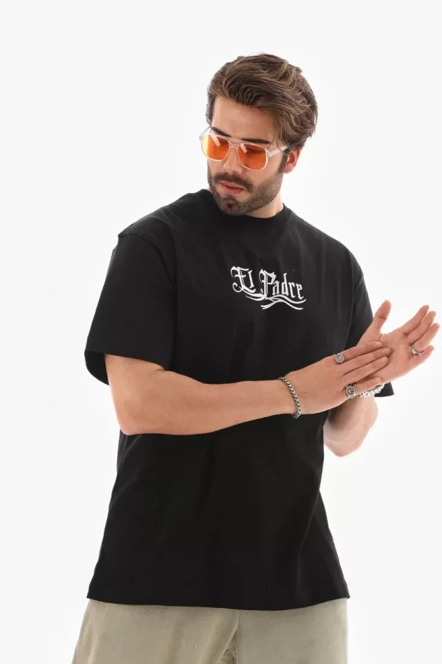 Unisex Crew Neck Printed Oversize T-Shirt - Black