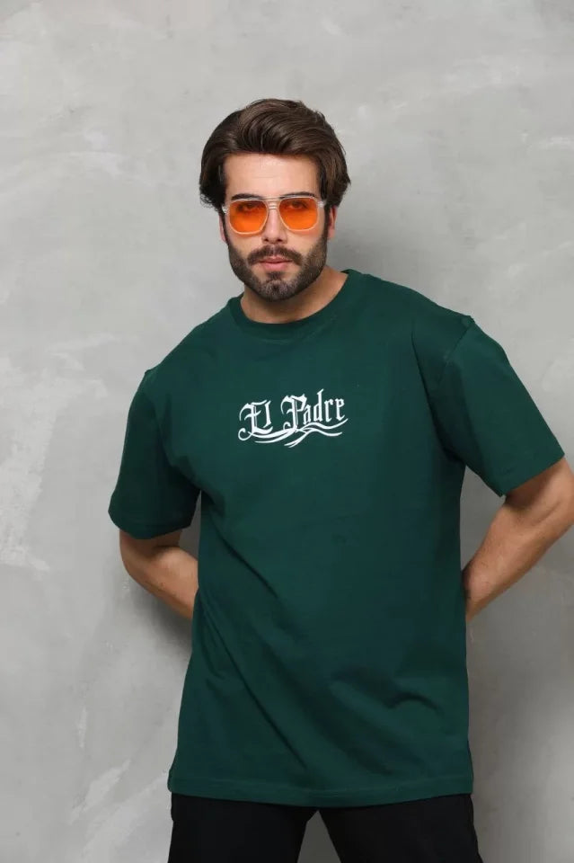 Unisex Printed Crew Neck Oversize T-Shirt - Green