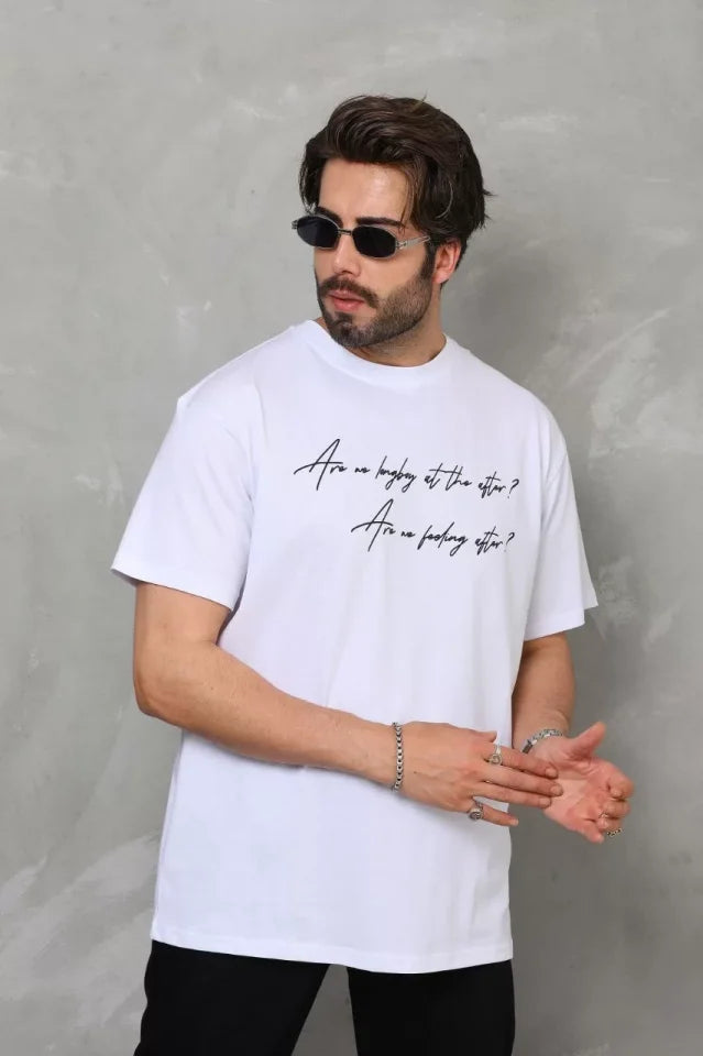 Unisex Crew Neck Printed Oversize T-Shirt - White