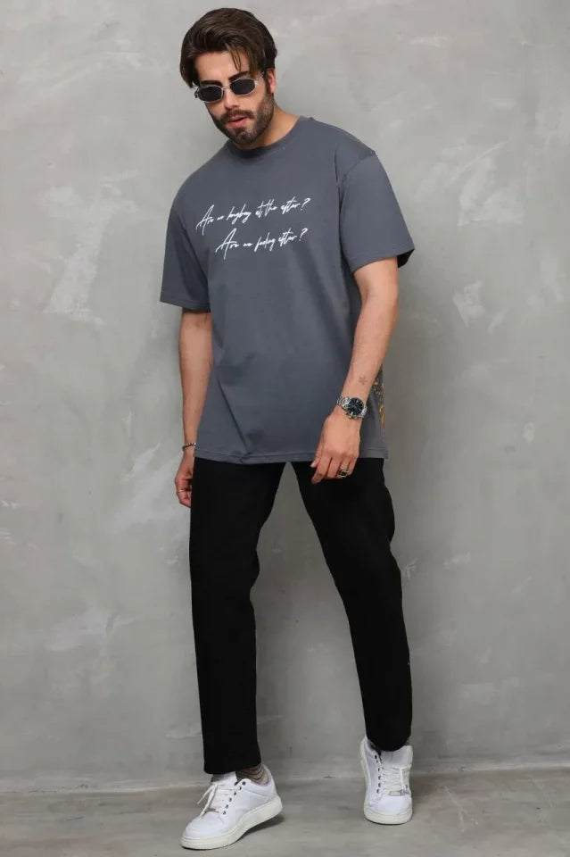 Unisex Printed Crew Neck Oversize T-Shirt - Charcoal