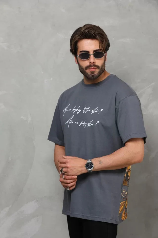 Unisex Printed Crew Neck Oversize T-Shirt - Charcoal