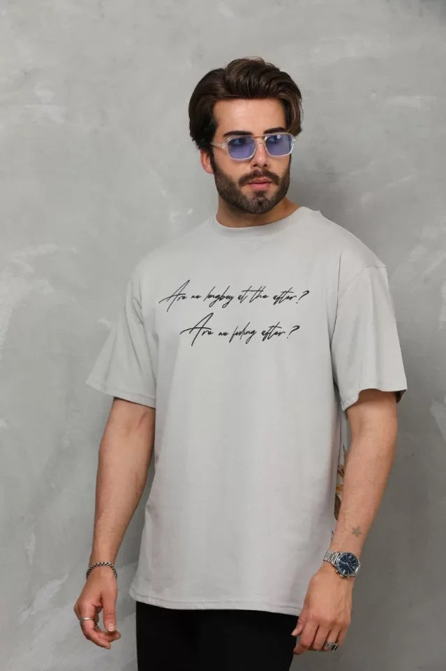 Unisex Crew Neck Printed Oversize T-Shirt - Gray