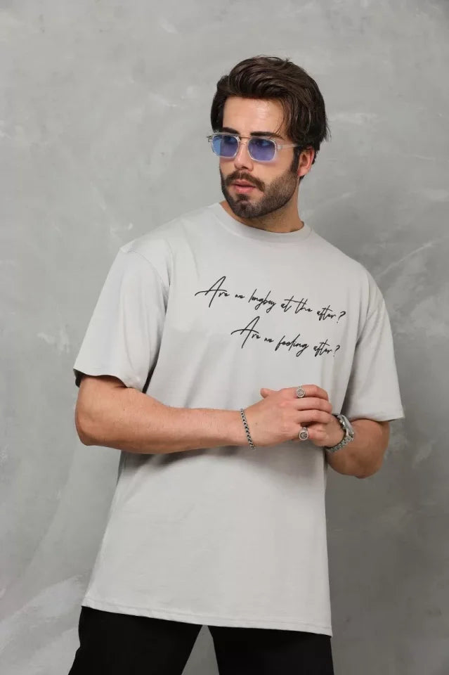 Unisex Crew Neck Printed Oversize T-Shirt - Gray