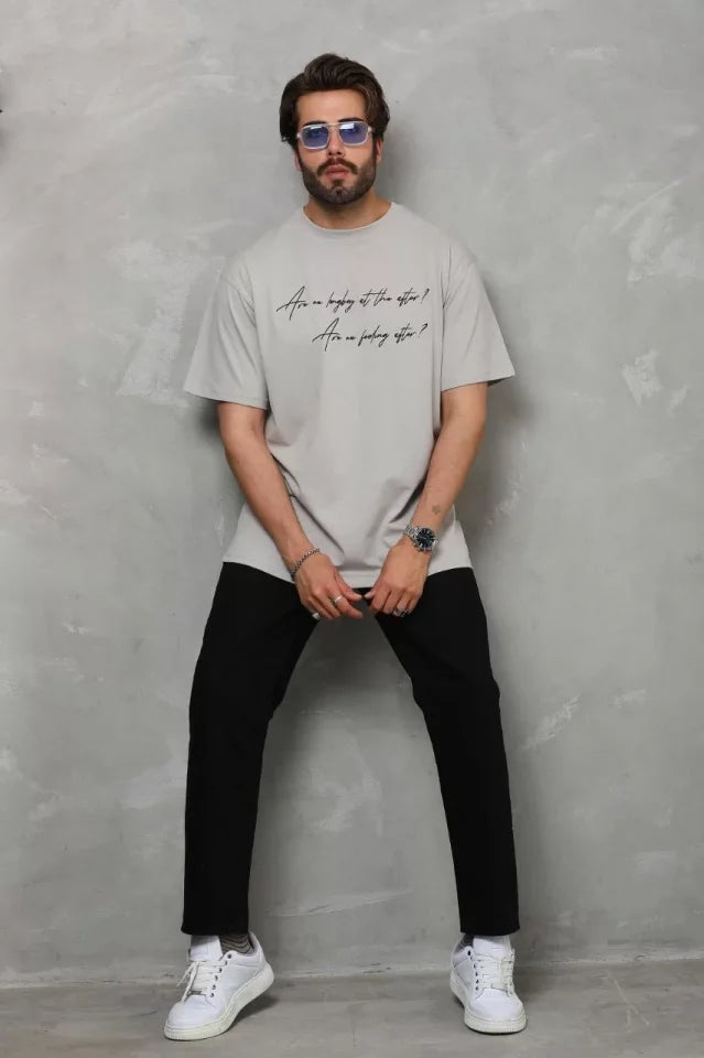 Unisex Crew Neck Printed Oversize T-Shirt - Gray