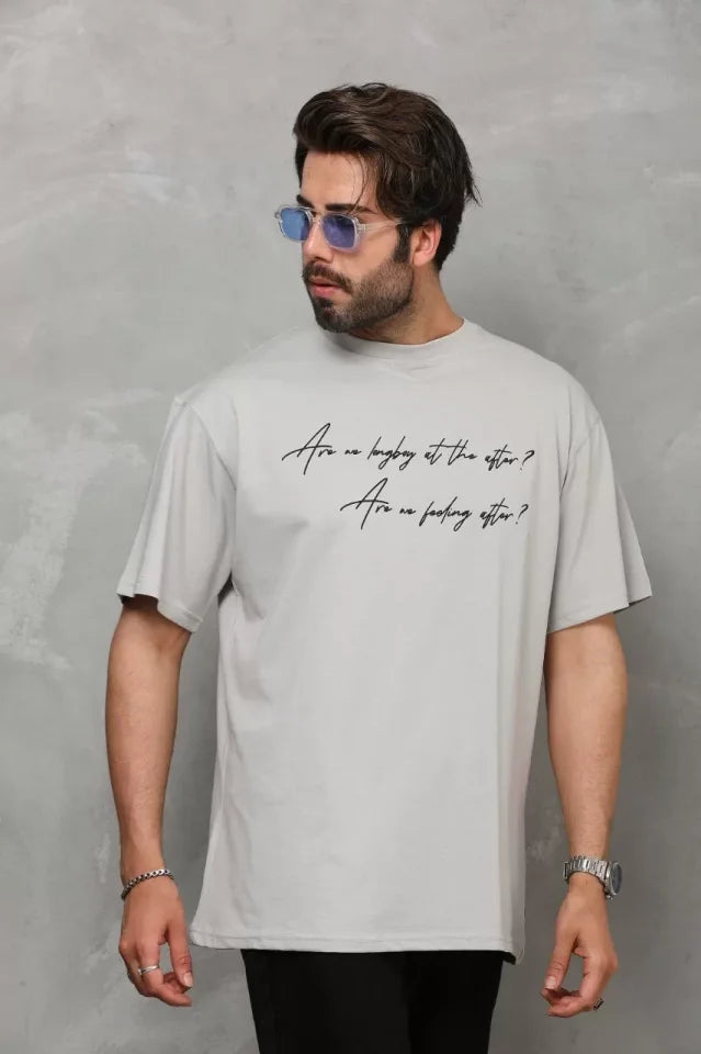 Unisex Crew Neck Printed Oversize T-Shirt - Gray