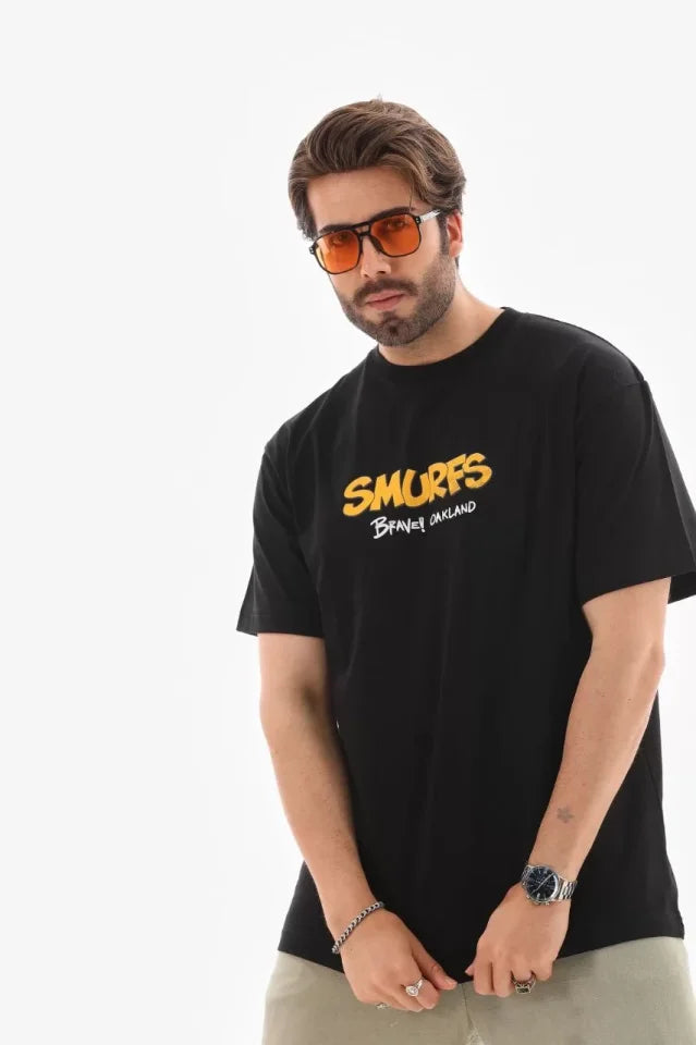 Unisex Crew Neck Printed Oversize T-Shirt - Black