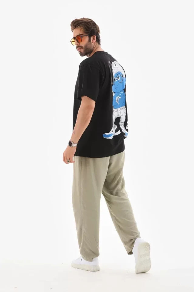 Unisex Crew Neck Printed Oversize T-Shirt - Black