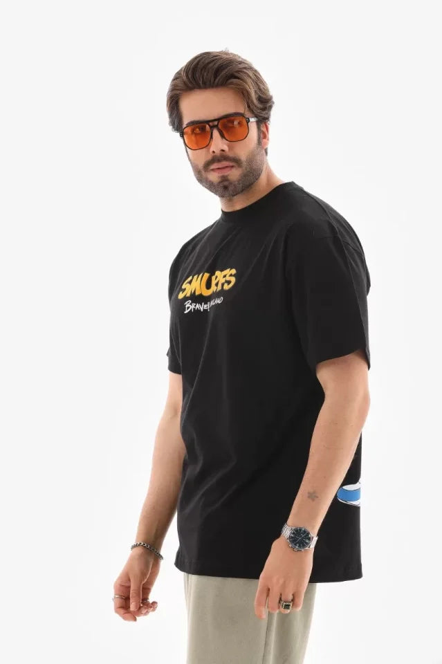 Unisex Crew Neck Printed Oversize T-Shirt - Black