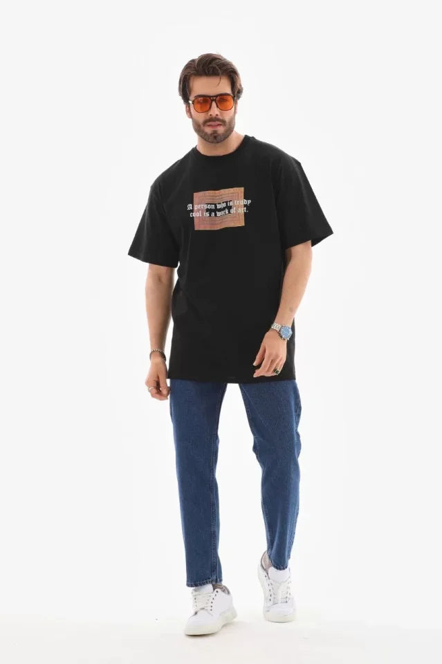 Unisex Crew Neck Printed Oversize T-Shirt - Black