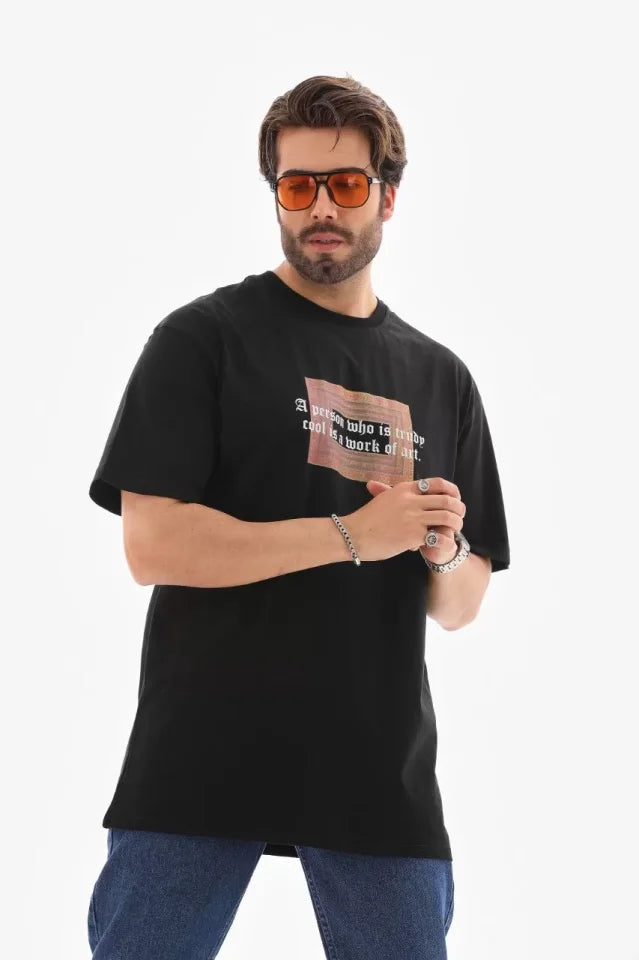 Unisex Crew Neck Printed Oversize T-Shirt - Black