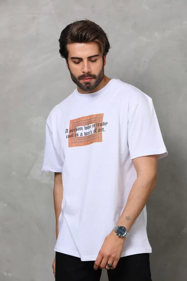 Unisex Crew Neck Printed Oversize T-Shirt - White