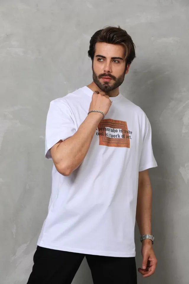 Unisex Crew Neck Printed Oversize T-Shirt - White