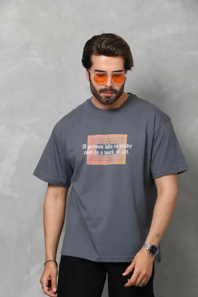Unisex Printed Crew Neck Oversize T-Shirt - Charcoal