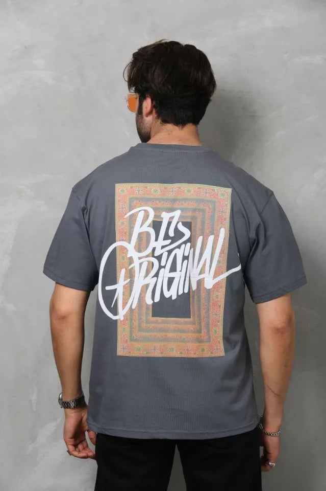 Unisex Printed Crew Neck Oversize T-Shirt - Charcoal