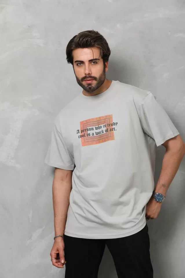 Unisex Crew Neck Printed Oversize T-Shirt - Gray